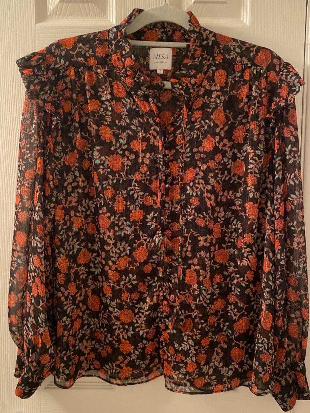 Misa Los Angeles Analeigh Top Black Chiffon with Orange Floral Print Size Large